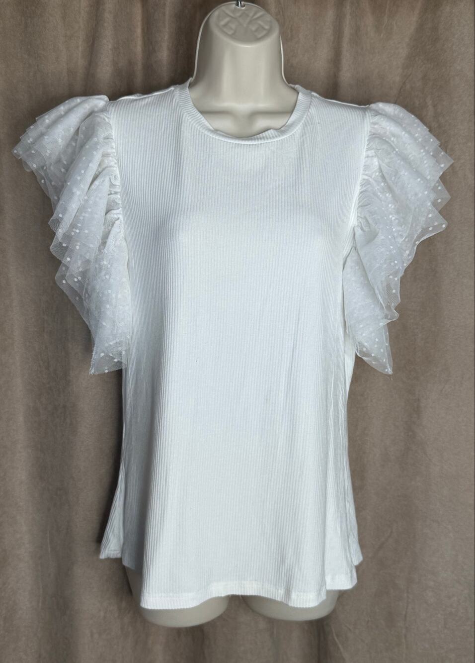 Cupshe White Polka Dot Mesh. Short Sleeve Blouse XL NWOT